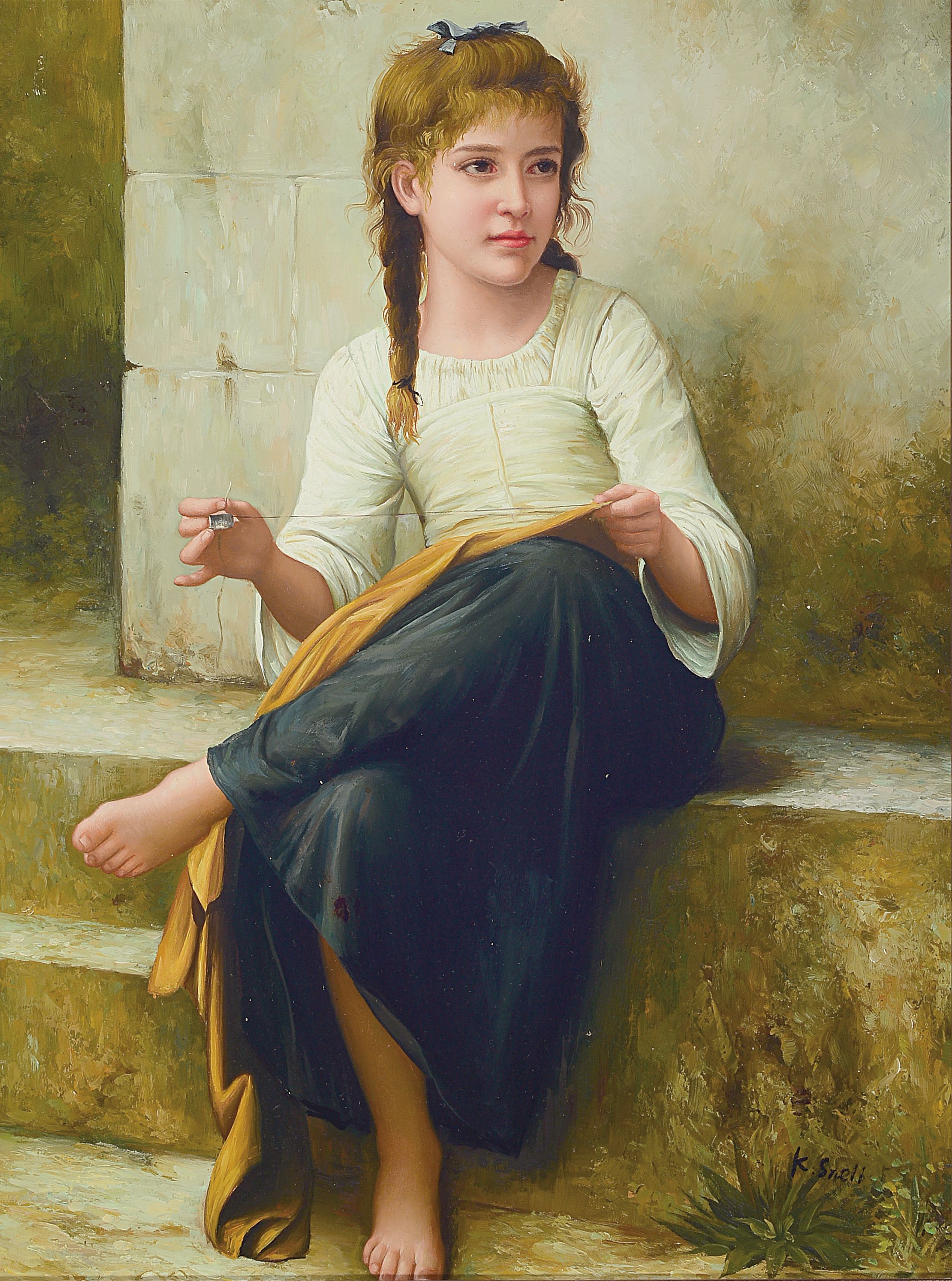 Zeitgenössischer Traditionalist, nähendes Mädchen auf den Stufen vorm Haus, Öl/Holz, ca. 40x30cm, R. ca. 53x43cm