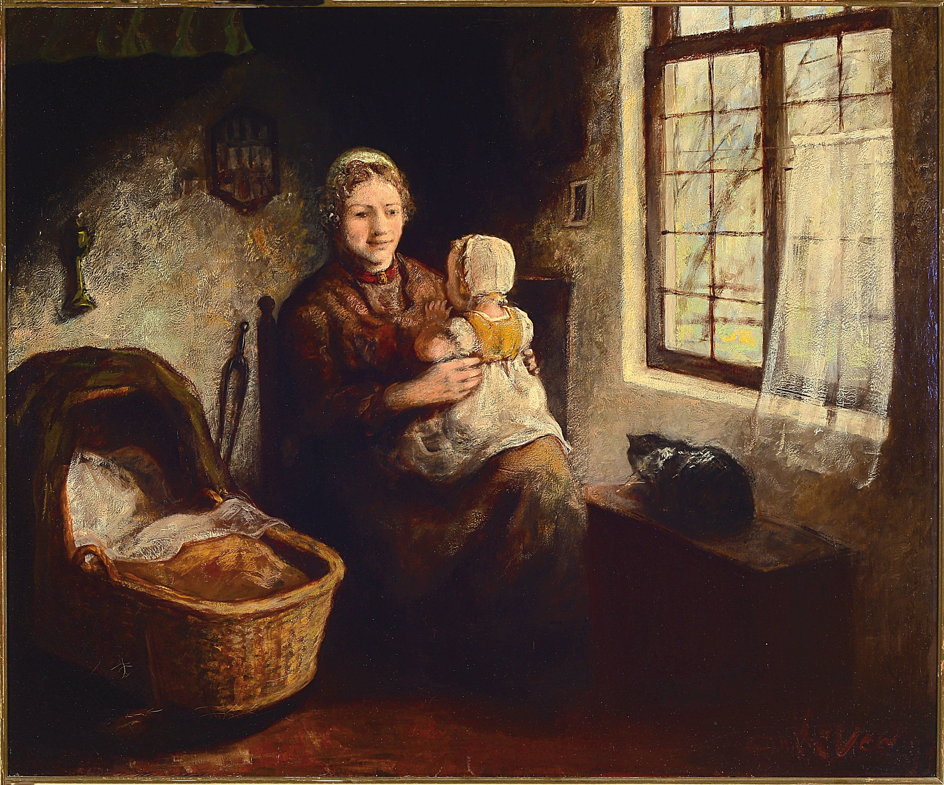 Jacob Simon Hendrik Kever, 1854-1922, niederländischer Genremaler, Mutter mit Kind in der Stube, Öl/Lwd, doubliert, re. u. sign., ca. 63x76cm
