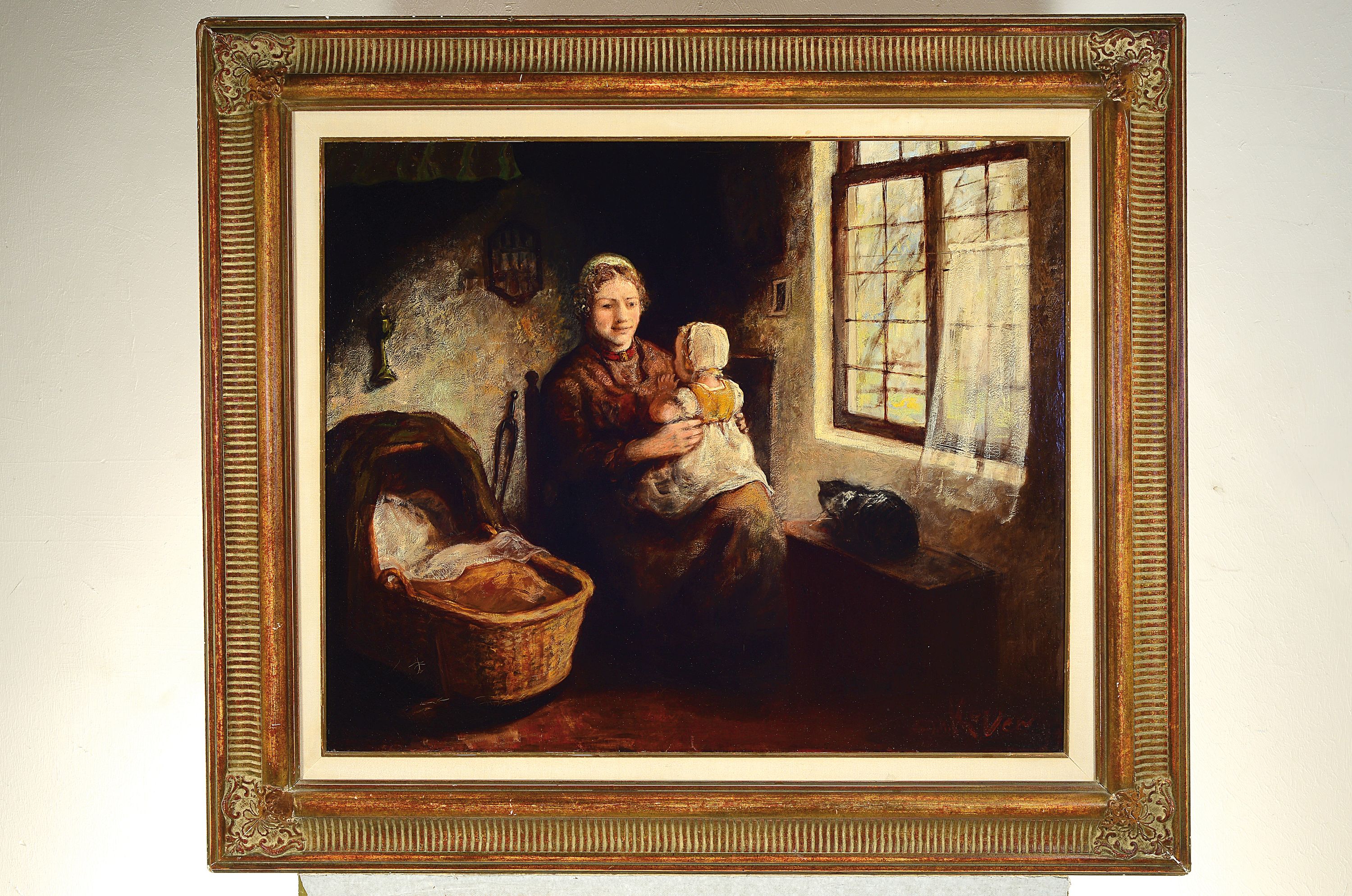 Detail k: Jacob Simon Hendrik Kever, 1854-1922, niederländischer Genremaler, Mutter mit Kind in der Stube, Öl/Lwd, doubliert, re. u. sign., ca. 63x76cm