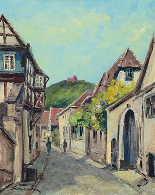 Image 26776336 - Robert Lauth, 1896-1985 Ludwigshafen, street in Hambach with view of the Castle, oil/canvas, lower left sign., approx. 50x40cm,frame approx. 59x49cm