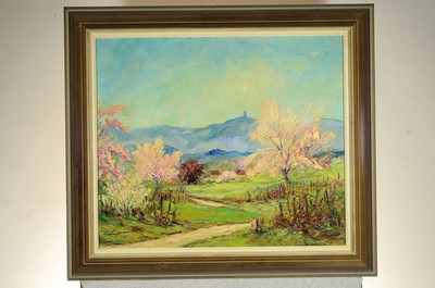 26776339k - Robert Lauth, 1896-1985 Ludwigshafen, view over flowering trees on the Bismarck Tower, oil/canvas, lower left sign., minor paint chips, approx. 60x70cm, frame approx. 75x85cm