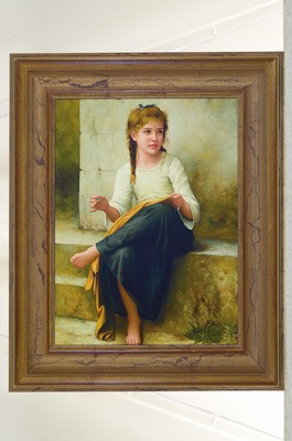 26776343k - contemporary traditionalist, girl sewing on the steps in front of the house, oil/wood, approx. 40x30cm, frame approx. 53x43cm