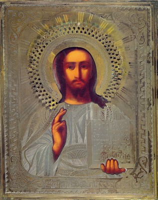 Image 26776344 - Icon, Russia, around 1900, Christ Pantocrator,tempera on wood, gilded metal oklad richly engraved and guilloched, approx. 22x18cm