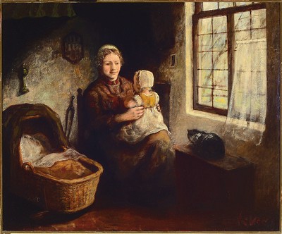 Image 26776349 - Jacob Simon Hendrik Kever, 1854-1922, Dutch genre painter, mother with child in the room, oil/canvas, relined, signed lower right, approx. 63x76cm