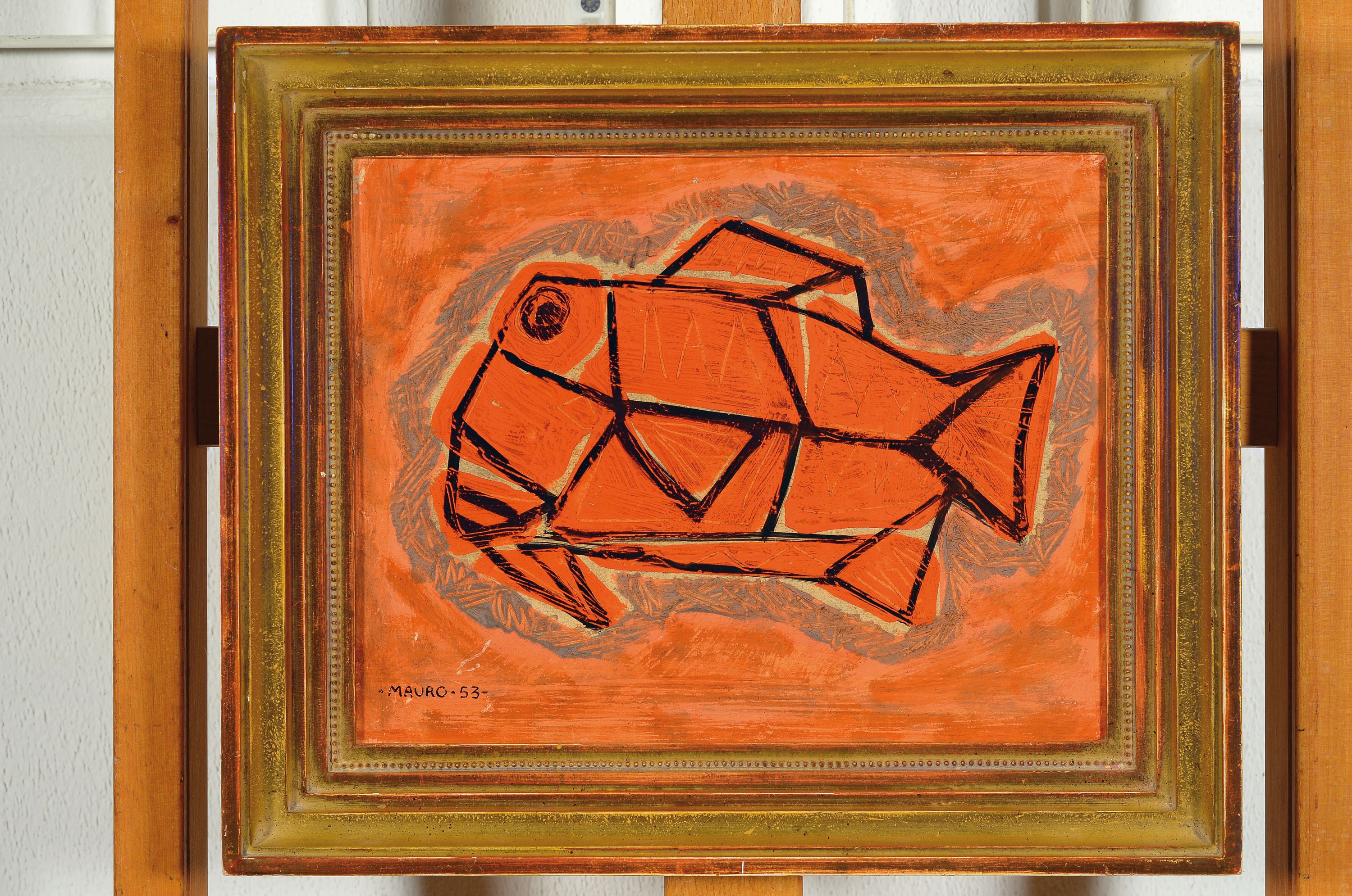 Mauro Francini, geb. 1924 Sao Paolo Brasilien, Abstrakter Fisch, Öl/Hartfaser, links unten sign. Mauro und dat. 53, ca. 22x28cm, R. ca. 30x36cm