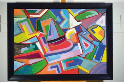 Image 26776721 - Miklos Nemeth, 1934 Budapest-2012, abstract composition, acrylic on cardboard, signed lower left. PCSVMNF (=Pasareti Csepeli Varro Nemeth Miklos Fenenc) and dated 69, approx. 102x72.5cm,frame cv. 114x84cm