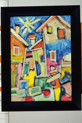 Image 26776723 - Miklos Nemeth, 1934 Budapest-2012, abstract composition with houses, acrylic on cardboard,signed at the bottom center. PCSVMNF (=Pasareti Csepeli Varro Nemeth Miklos Fenenc)and dated 78, approx. 60x44cm, frame approx. 72x55cm