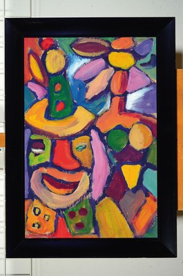 Image 26776725 - Miklos Nemeth, 1934 Budapest-2012, abstract composition with clown, acrylic on cardboard, signed lower right. PCSVMNF (=Pasareti CsepeliVarro Nemeth Miklos Fenenc) and dated 66, approx. 72x48cm, frame approx. 83x60cm