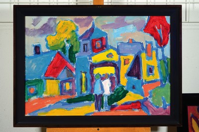 26776726k - Miklos Nemeth, 1934 Budapest-2012, abstract composition with houses, acrylic on cardboard,signed at the bottom center. PCSVMNF (=Pasareti Csepeli Varro Nemeth Miklos Fenenc)and dated 74, approx. 48x71cm, frame approx. 58x80cm