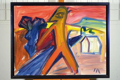 26776727k - Hartmut Ritzerfeld, 1950 Stolberg-2024, Untitled, abstract composition with figure, acrylic on cardboard, monograph lower right, approx. 60x80cm,frame approx. 66x86cm