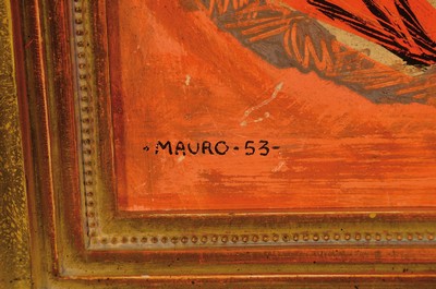 26776729a - Mauro Francini, born 1924 Sao Paolo Brazil, abstract fish, oil/hardboard, signed lower left. Mauro and dated 53, approx. 22x28cm, frame approx. 30x36cm