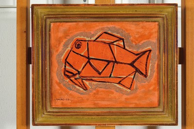 26776729k - Mauro Francini, born 1924 Sao Paolo Brazil, abstract fish, oil/hardboard, signed lower left. Mauro and dated 53, approx. 22x28cm, frame approx. 30x36cm