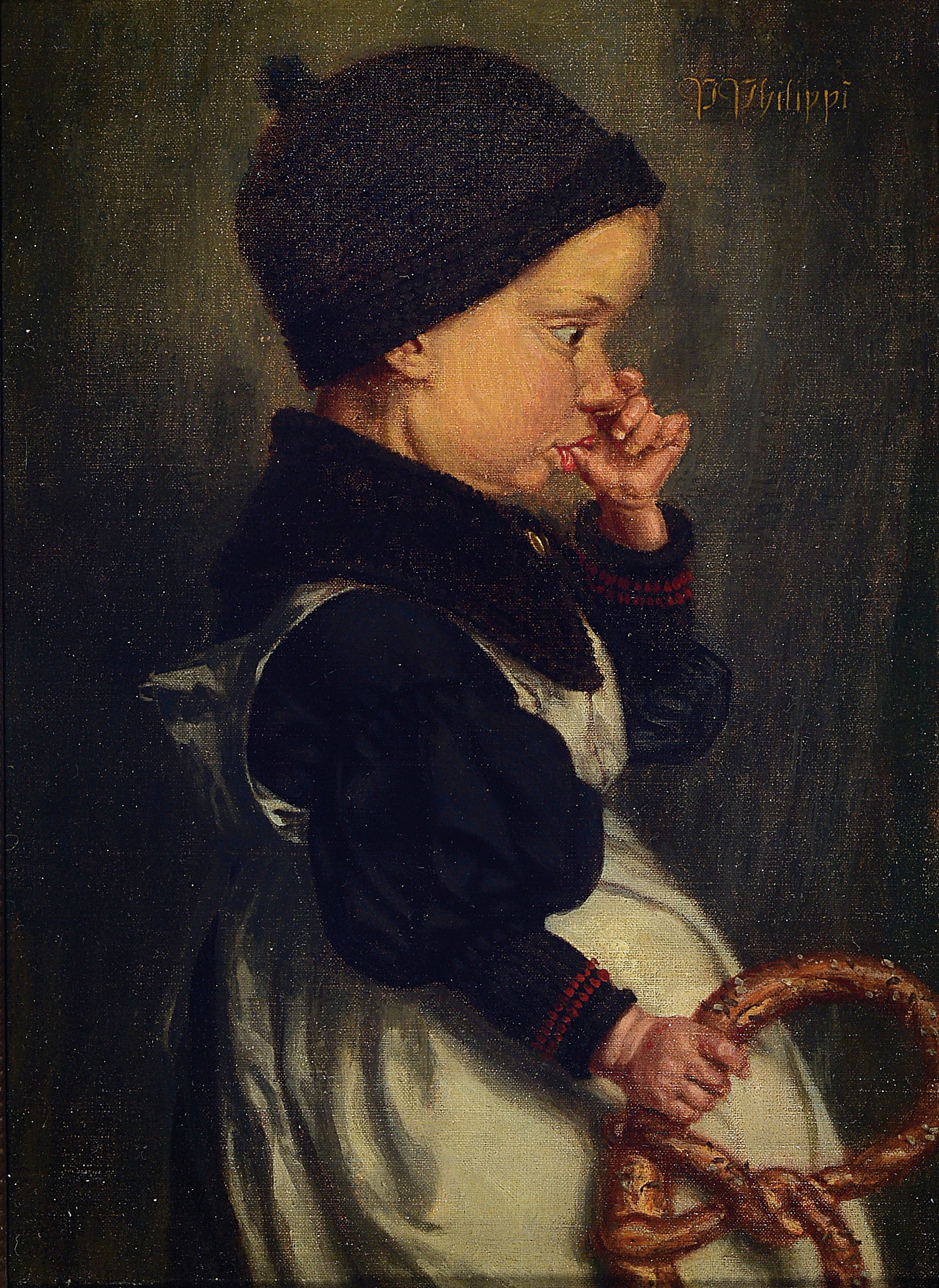 Peter Philippi, 1866 Trier-1945 Rothenburg, Porträt eines Kindes mit Daumen im Mund und Brezel in der Hand, Öl/Holz, rechts oben signiert, ...