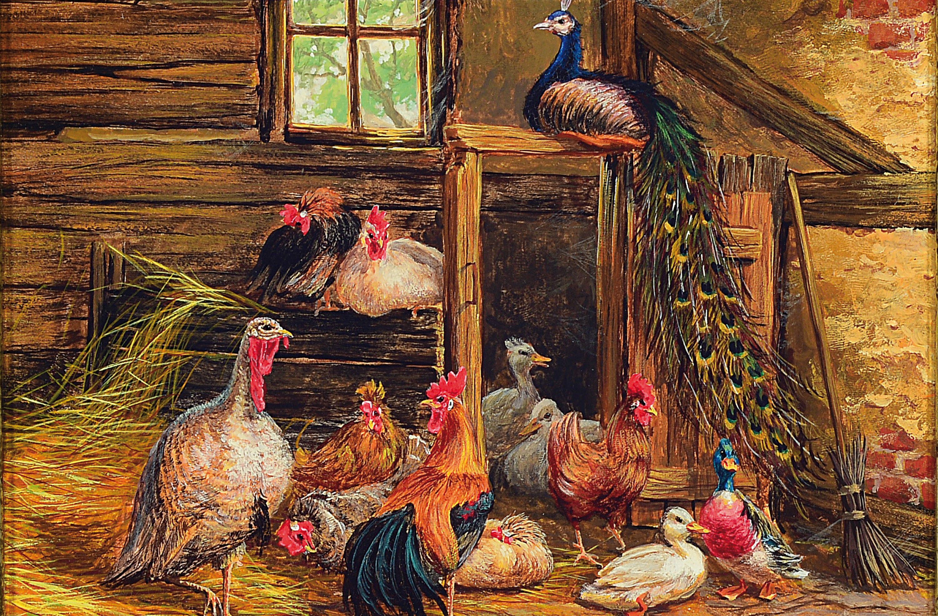Detail a: Peter Mühlbach, geb. 1957 Lindau/Bodensee, 2 Gemälde in Öl/Holz, 1x Hühner im Stall, rechts unten sign., ca. 13x18cm, R. ca. 27x32cm; 1x ...
