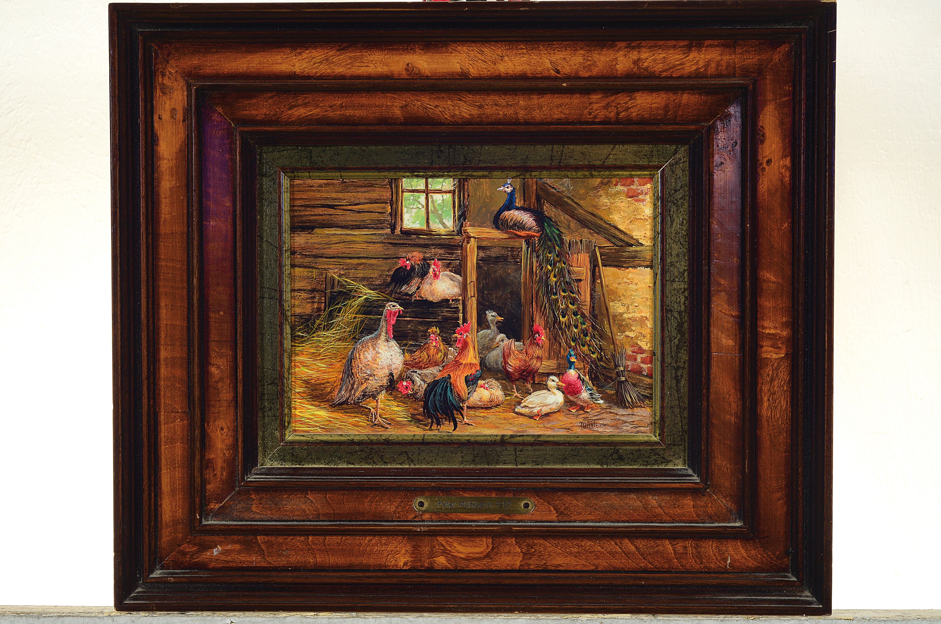 Detail l: Peter Mühlbach, geb. 1957 Lindau/Bodensee, 2 Gemälde in Öl/Holz, 1x Hühner im Stall, rechts unten sign., ca. 13x18cm, R. ca. 27x32cm; 1x ...