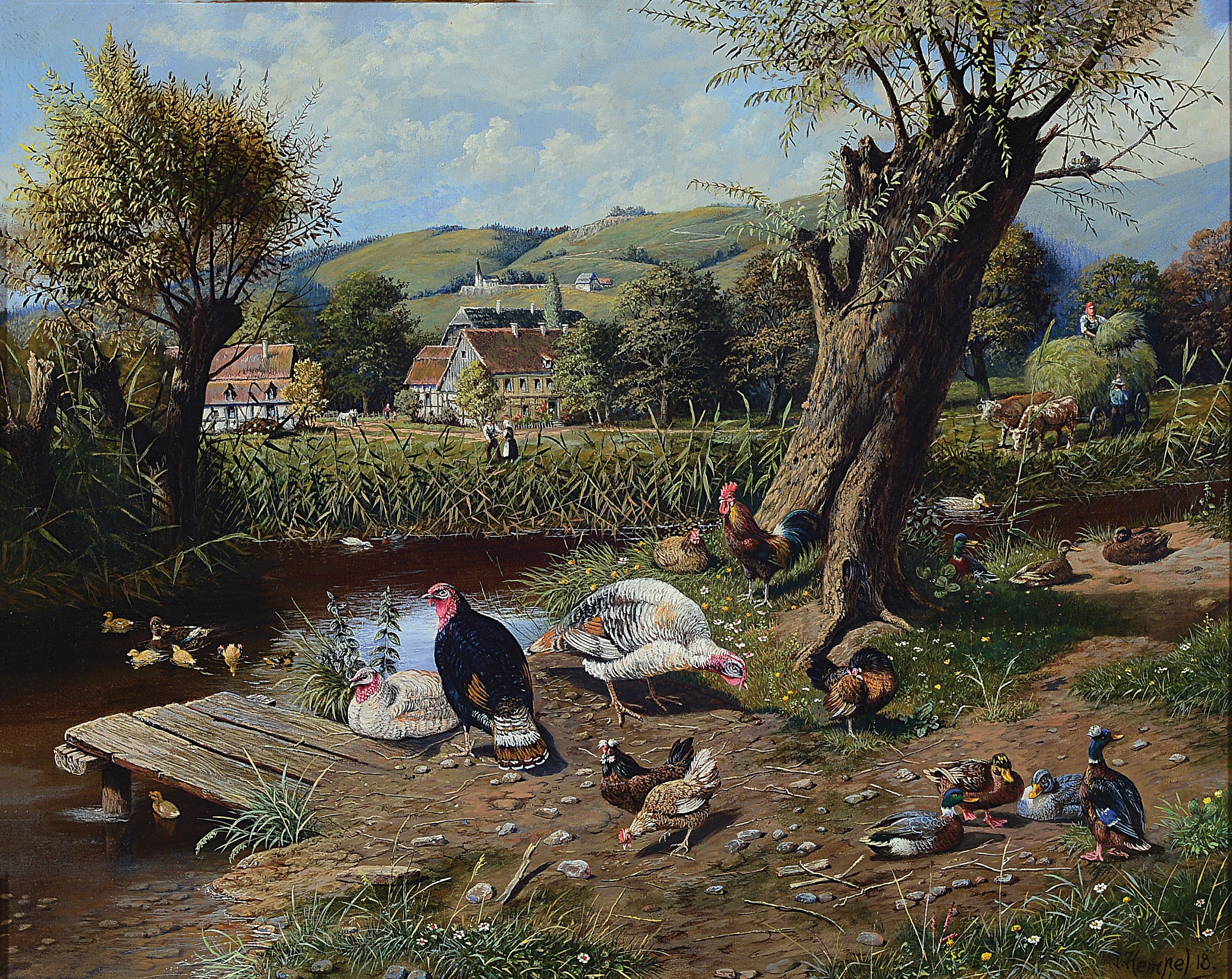 Jürgen Hempel, geb. 1948, Heuernte am Ententeich, so rückseitig betitelt, im Vordergrund, Hühner, Truthähne und Enten am Teich, dahinter eine ...