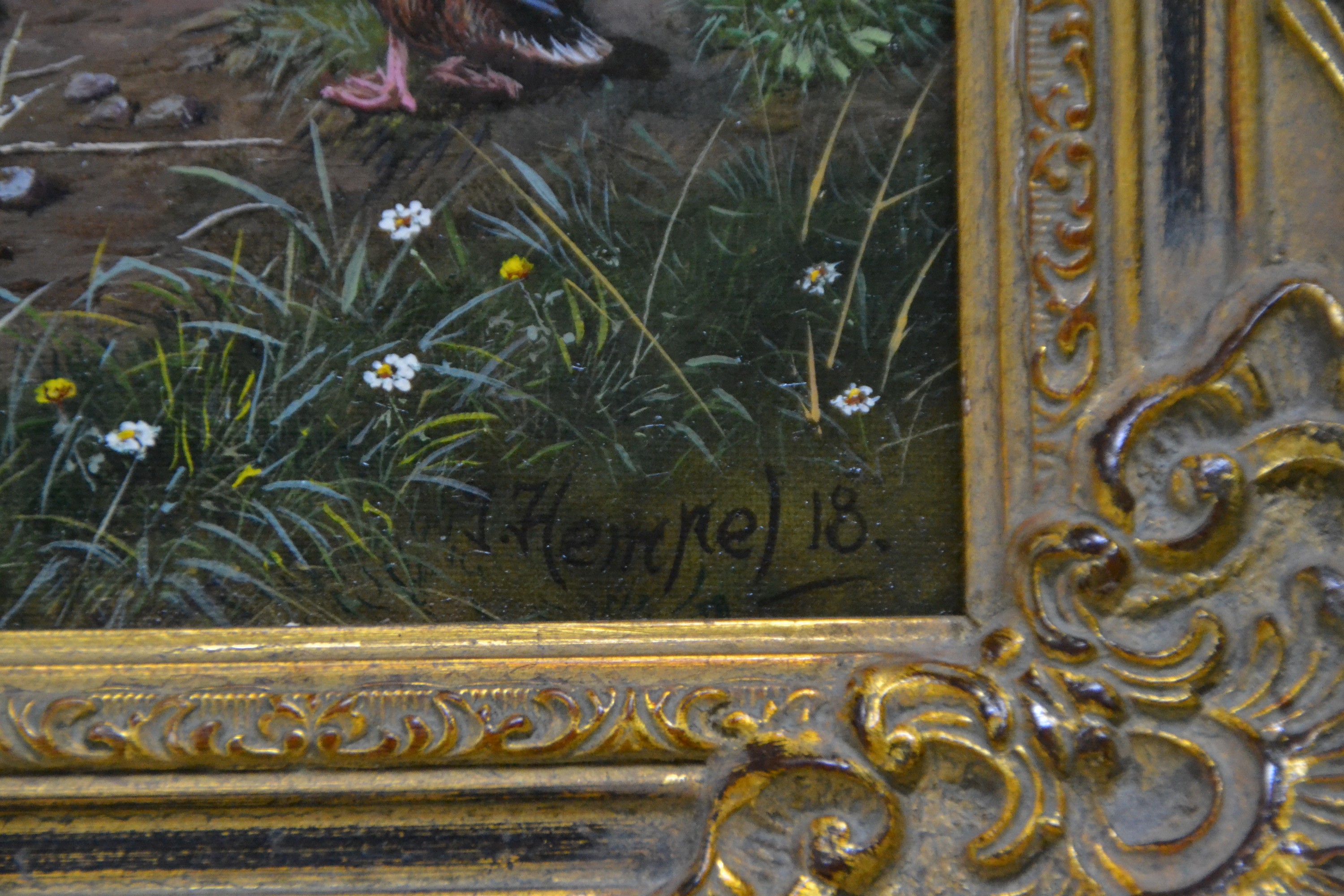 Detail b: Jürgen Hempel, geb. 1948, Heuernte am Ententeich, so rückseitig betitelt, im Vordergrund, Hühner, Truthähne und Enten am Teich, dahinter eine ...