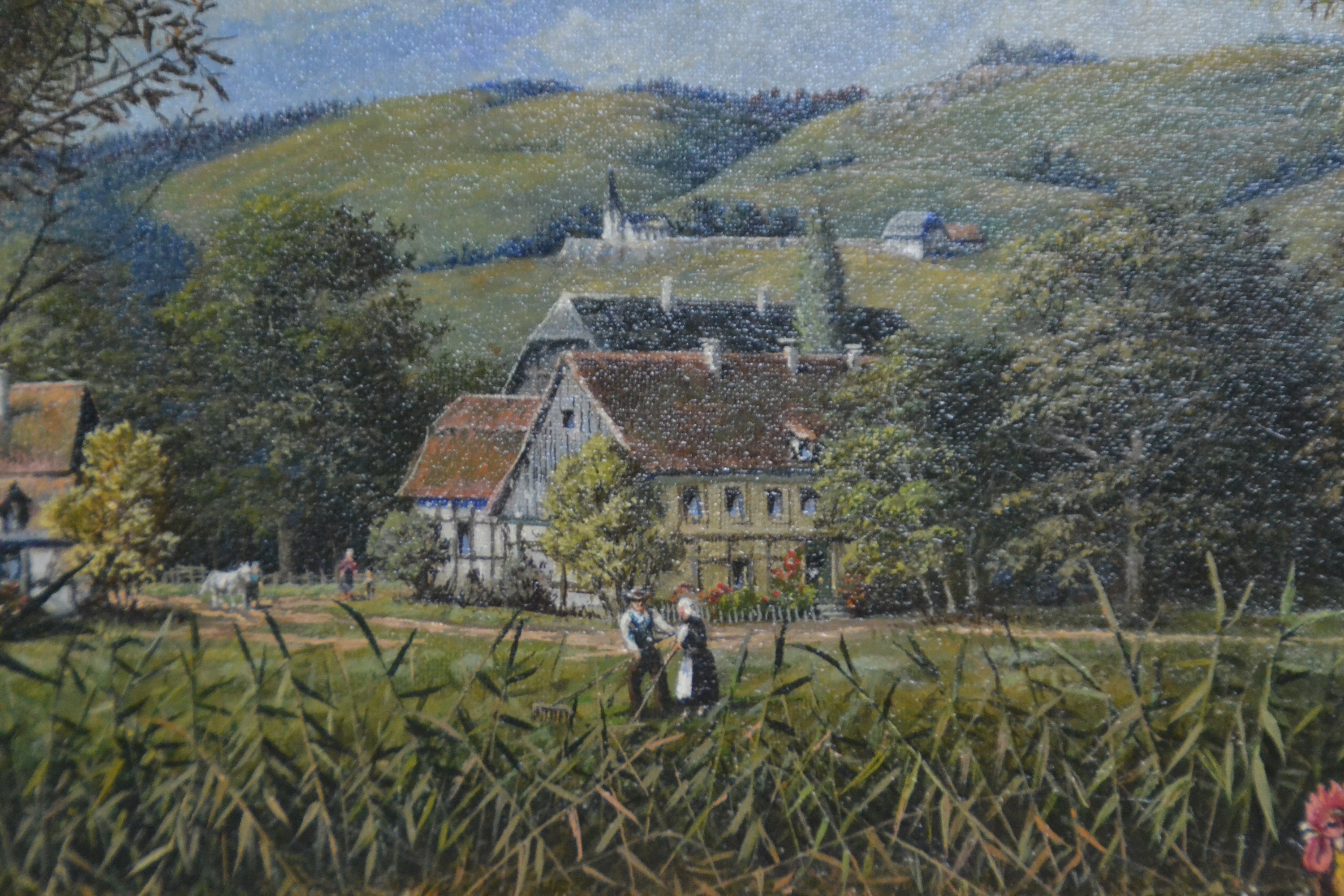 Detail d: Jürgen Hempel, geb. 1948, Heuernte am Ententeich, so rückseitig betitelt, im Vordergrund, Hühner, Truthähne und Enten am Teich, dahinter eine ...