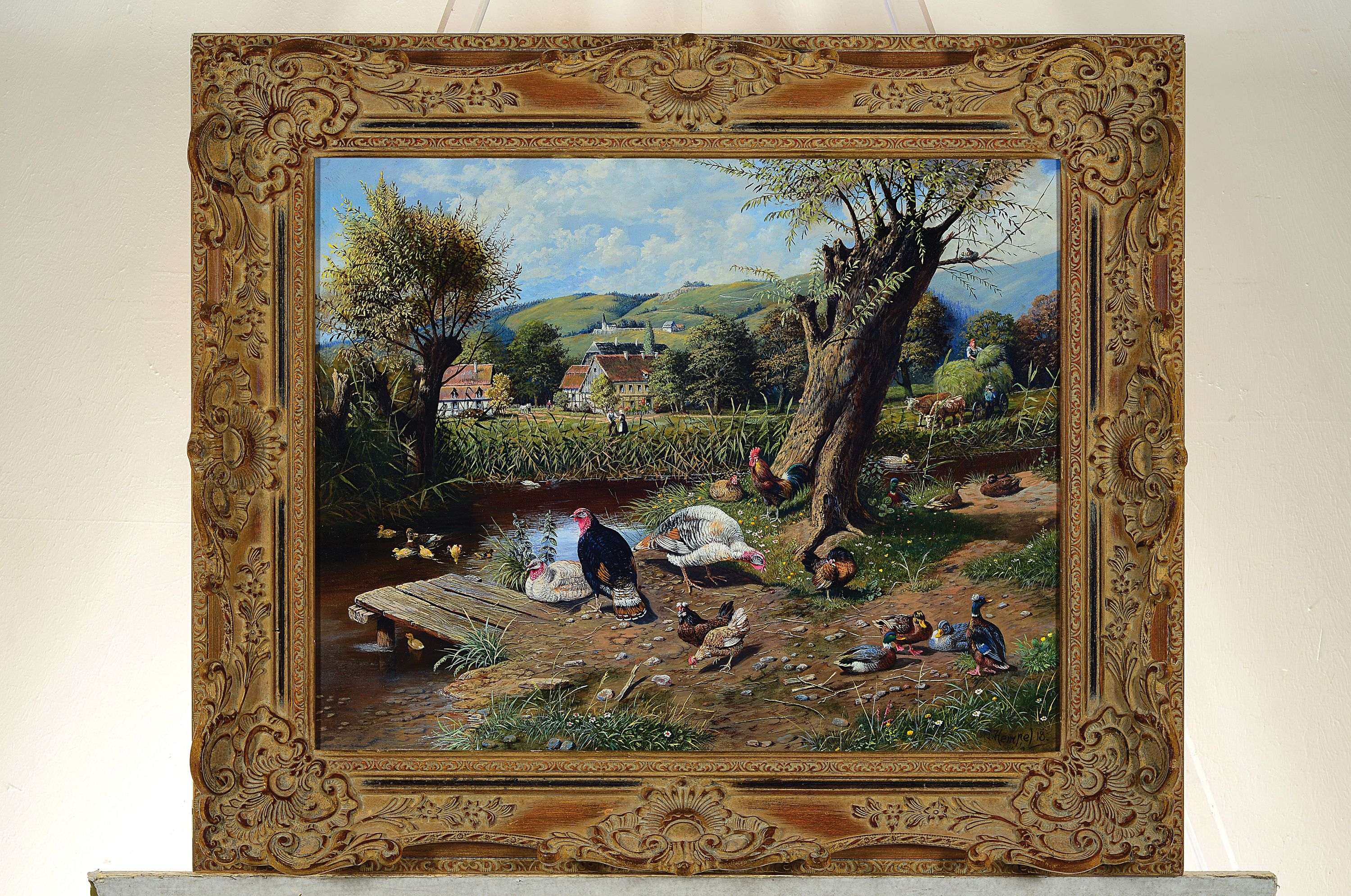 Detail k: Jürgen Hempel, geb. 1948, Heuernte am Ententeich, so rückseitig betitelt, im Vordergrund, Hühner, Truthähne und Enten am Teich, dahinter eine ...
