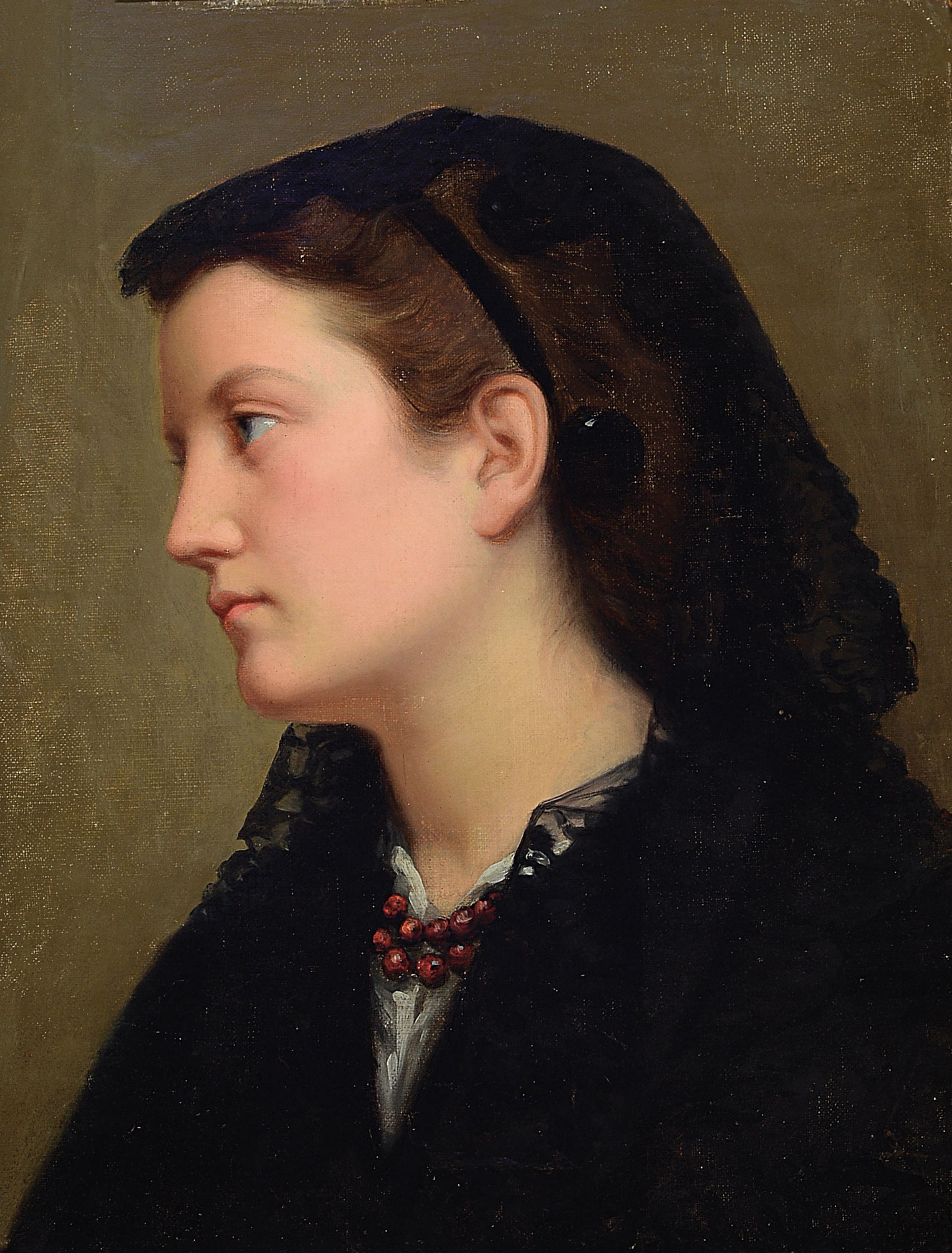 Maler der Münchener Schule, 2. Hälfte 19. Jh., Porträt einer jungen Frau mit sehnsüchtigem Blick, Öl/Lwd, rest., ca. 47x37cm, goldfarbener ...