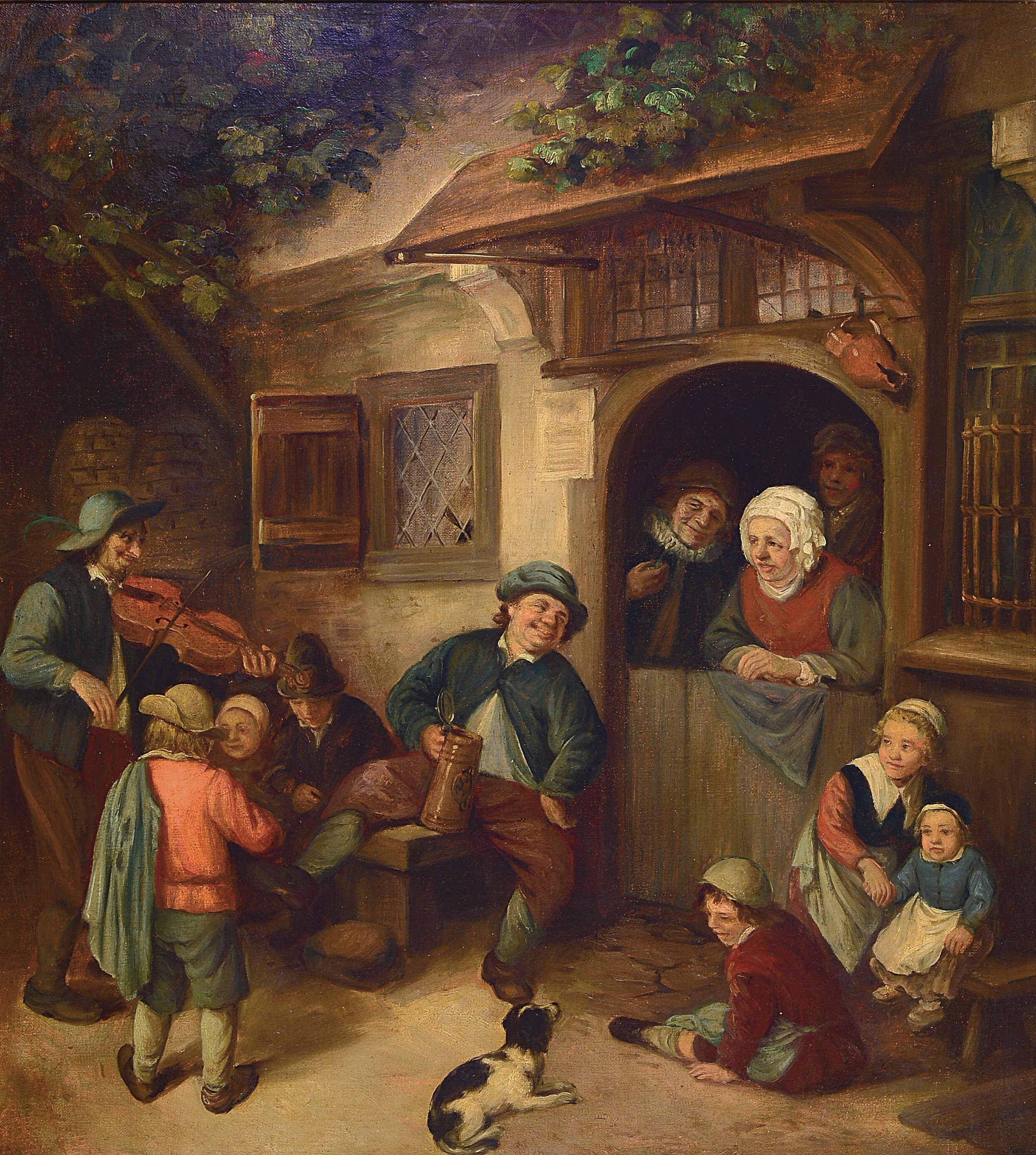 Maler des 19. Jh. nach Adriaen van Ostade (1910-1685 Antwerpen), vielfigurige Szene vor dem Wirtshaus, Öl/Lwd, rest., ca. 75x65cm, R. ca. 90x80cm
