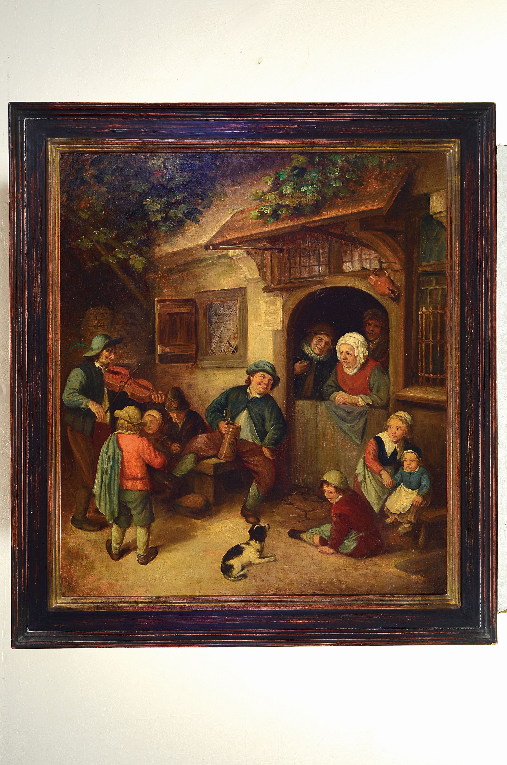 Detail k: Maler des 19. Jh. nach Adriaen van Ostade (1910-1685 Antwerpen), vielfigurige Szene vor dem Wirtshaus, Öl/Lwd, rest., ca. 75x65cm, R. ca. 90x80cm
