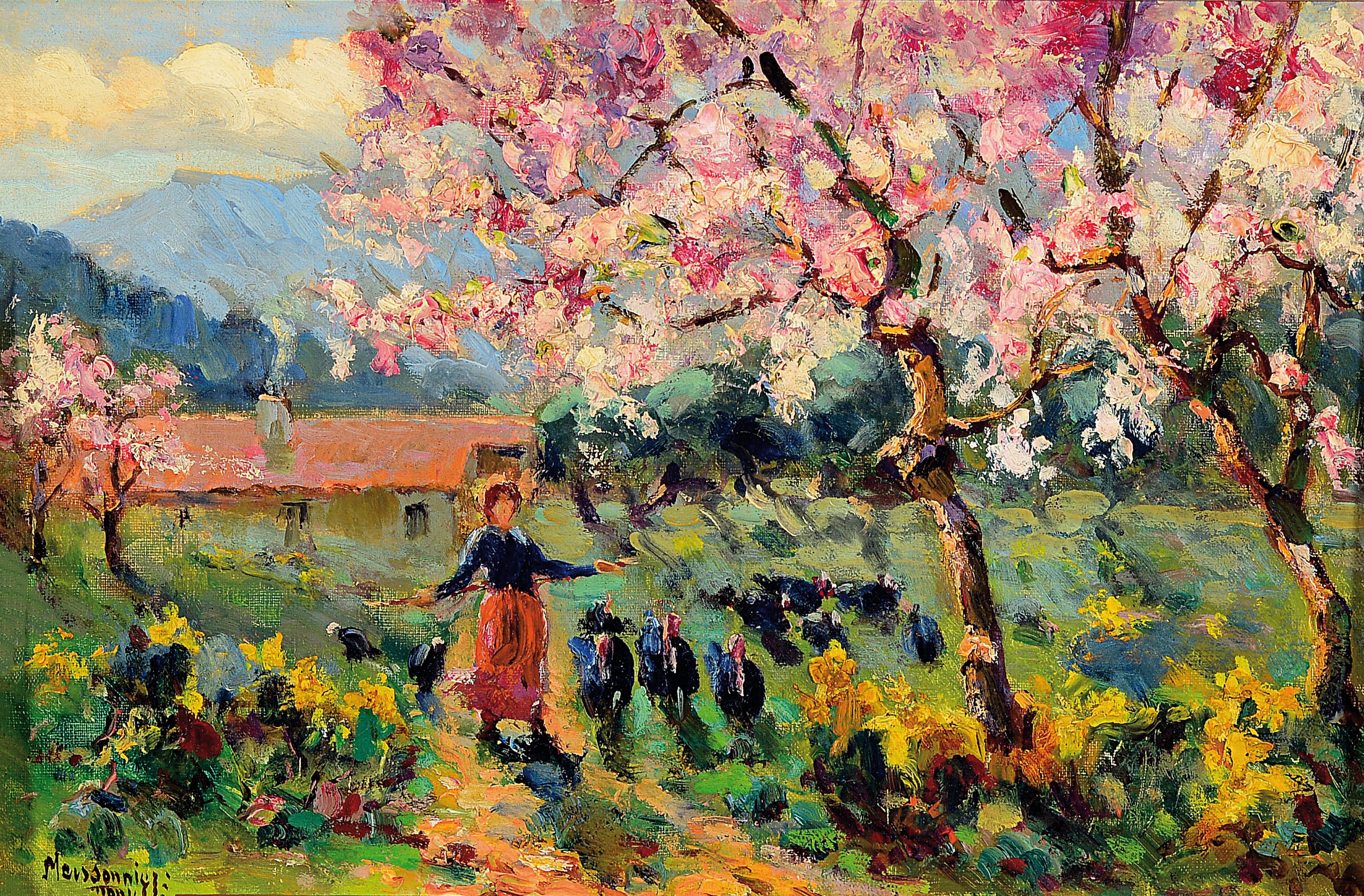 Joseph Meissionnier, 1864-1943, Bäuerin mit Truthähnen im Garten, Öl/Holz, signiert, 27x40cm, Rahmen 47x61 cm