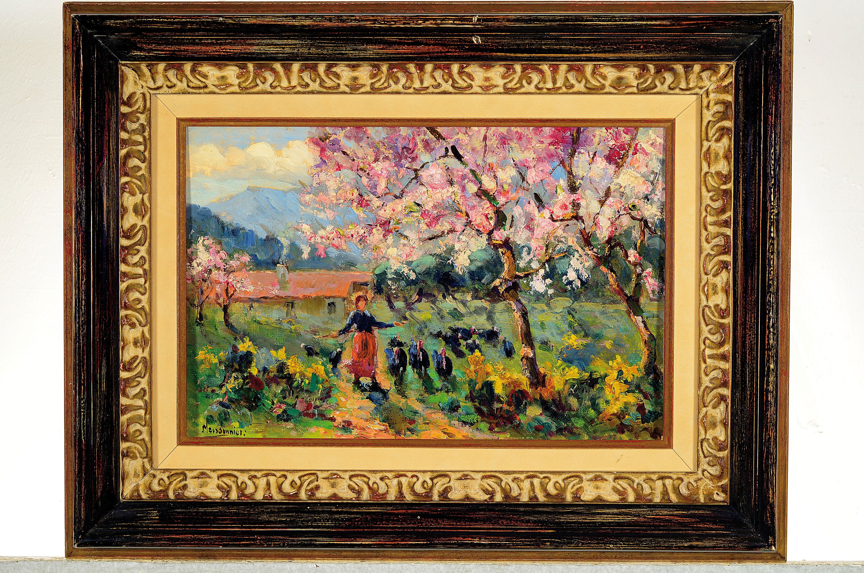 Detail k: Joseph Meissionnier, 1864-1943, Bäuerin mit Truthähnen im Garten, Öl/Holz, signiert, 27x40cm, Rahmen 47x61 cm