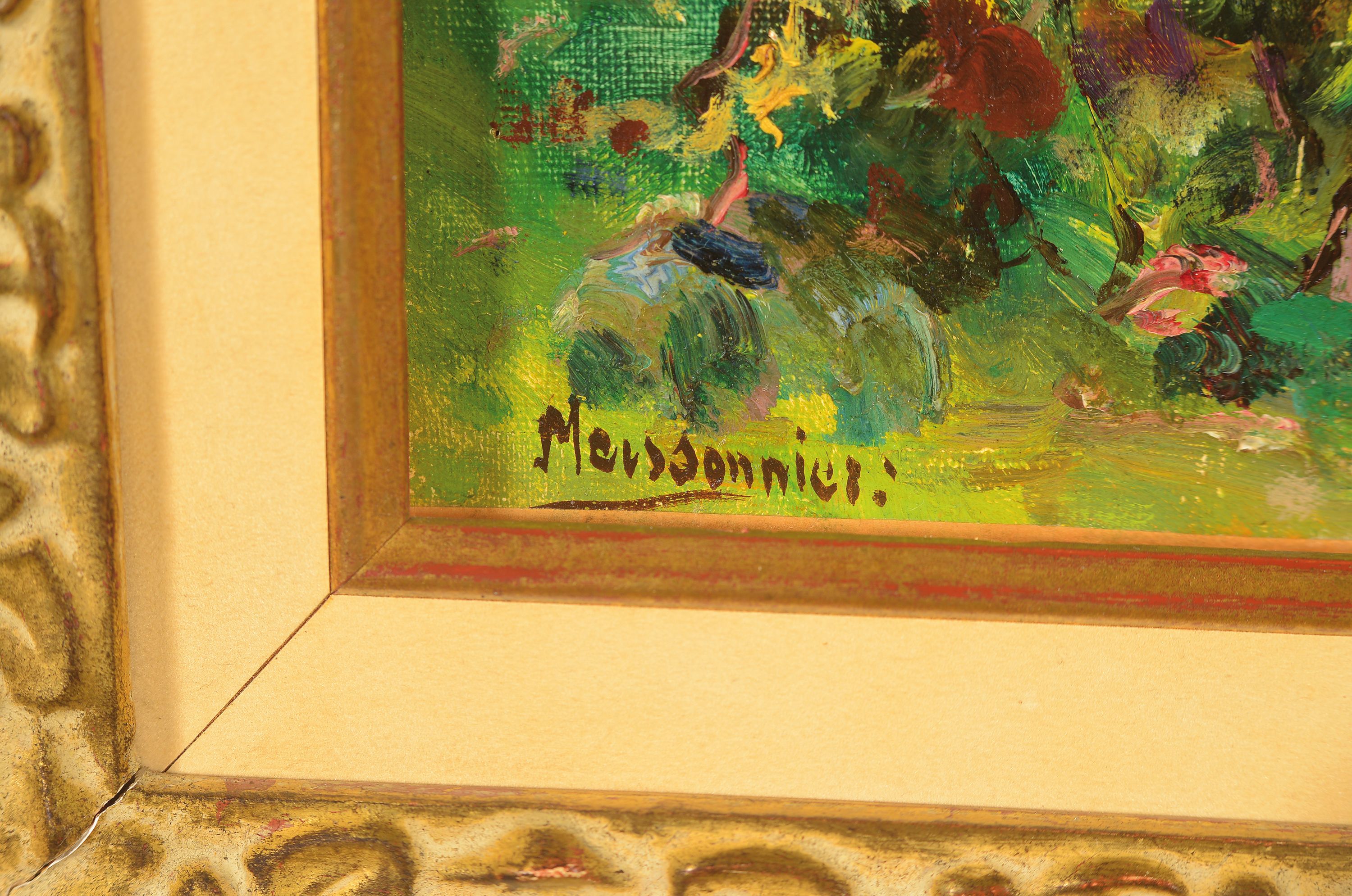 Detail l: Joseph Meissionnier, 1864-1943, Bäuerin mit Truthähnen im Garten, Öl/Holz, signiert, 27x40cm, Rahmen 47x61 cm