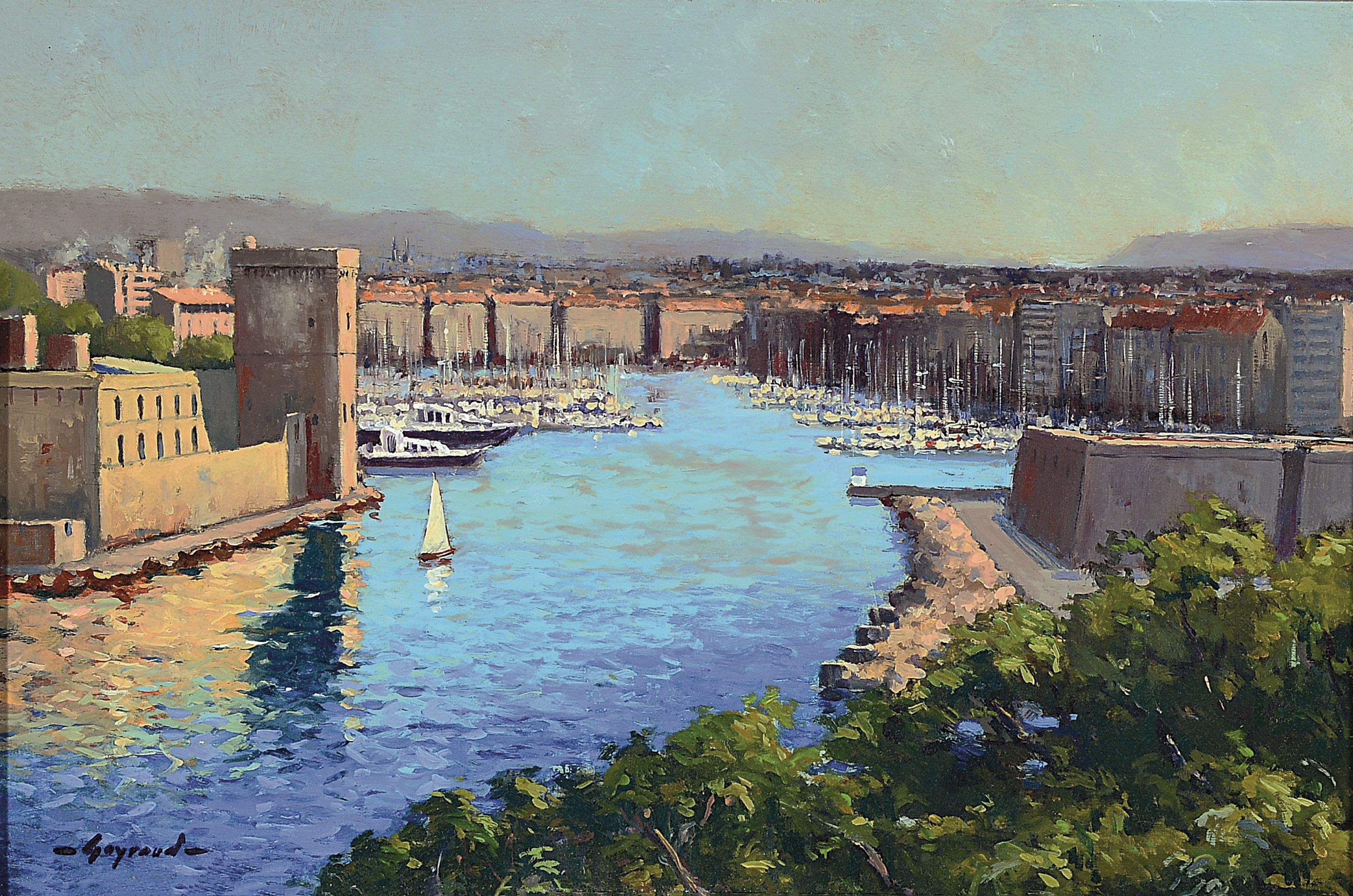 Nicolas Gayraud, Künstler des 20.Jh., Hafen von Marseille, verso bezeichnet, signiert, Öl/Karton, Prunkrahmen 50x61 cm