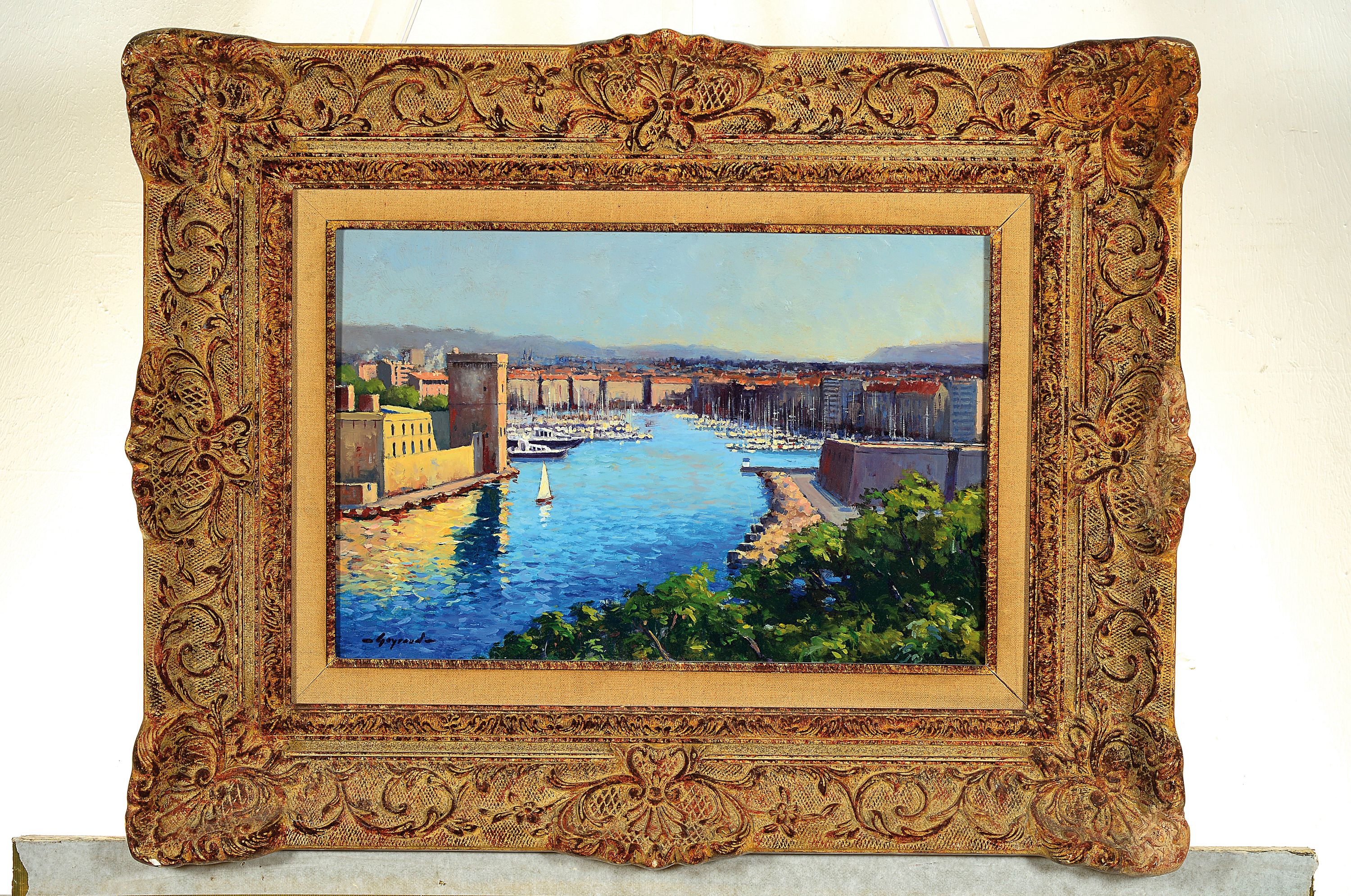 Detail k: Nicolas Gayraud, Künstler des 20.Jh., Hafen von Marseille, verso bezeichnet, signiert, Öl/Karton, Prunkrahmen 50x61 cm