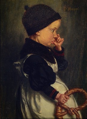 Image 26777014 - Peter Philippi, 1866 Trier-1945 Rothenburg, portrait of a child with thumb in mouth and pretzel in the hand, oil/wood, signed upper right, ca.26x20cm, frame approx. 38x31cm