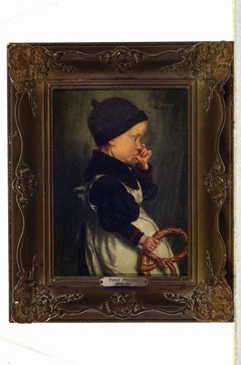 26777014k - Peter Philippi, 1866 Trier-1945 Rothenburg, portrait of a child with thumb in mouth and pretzel in the hand, oil/wood, signed upper right, ca.26x20cm, frame approx. 38x31cm