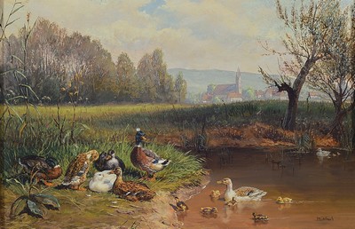 Image 26777015 - Peter Mühlbach, born 1957 Lindau/Bodensee, 2 paintings in oil/wood, 1x chickens in the stable, signed right below, approx. 13x18cm, frame approx. 27x32cm; 1x duck family at the pond in front of the village, signed lower right, approx. 20x29cm, frame approx. 3 2x42cm