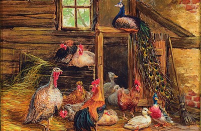26777015a - Peter Mühlbach, born 1957 Lindau/Bodensee, 2 paintings in oil/wood, 1x chickens in the stable, signed right below, approx. 13x18cm, frame approx. 27x32cm; 1x duck family at the pond in front of the village, signed lower right, approx. 20x29cm, frame approx. 3 2x42cm