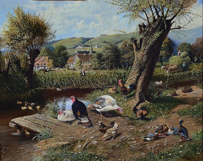 Image 26777016 - Jürgen Hempel, born 1948, hay harvest at the duck pond, so on the back titled, in the foreground, chickens, turkeys and ducks at the pond, behind it a hay harvest scene, behind it the village, oil/wood, fine detailed painting, oil/wood, signed lower right, approx. 40x50cm, frame approx. 55x65cm
