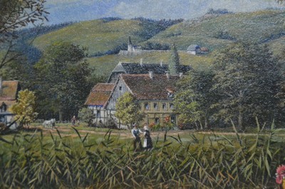 26777016d - Jürgen Hempel, born 1948, hay harvest at the duck pond, so on the back titled, in the foreground, chickens, turkeys and ducks at the pond, behind it a hay harvest scene, behind it the village, oil/wood, fine detailed painting, oil/wood, signed lower right, approx. 40x50cm, frame approx. 55x65cm