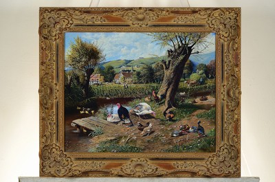 26777016k - Jürgen Hempel, born 1948, hay harvest at the duck pond, so on the back titled, in the foreground, chickens, turkeys and ducks at the pond, behind it a hay harvest scene, behind it the village, oil/wood, fine detailed painting, oil/wood, signed lower right, approx. 40x50cm, frame approx. 55x65cm