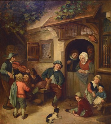 Image 26777018 - painter of the 19th century after Adriaen van Ostade (1910-1685 Antwerp), multi-figure scenein front of the inn, oil/canvas, restored, approx. 75x65cm, frame approx. 90x80cm
