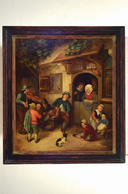 26777018k - painter of the 19th century after Adriaen van Ostade (1910-1685 Antwerp), multi-figure scenein front of the inn, oil/canvas, restored, approx. 75x65cm, frame approx. 90x80cm