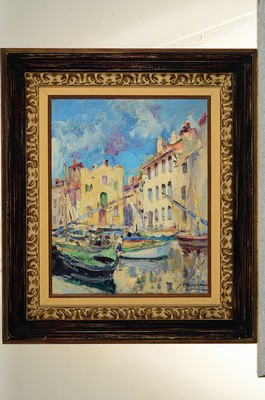 26777049k - Joseph Meissonnier, 1864-1943, Hafen of Martigues, oil/wood, signed, 48x38 cm, frame 61x53 cm