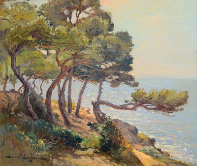 Image 26777062 - Jean Lafon, 1886-1973, French painter, pine trees by the sea, oil/wood, signed lower left,verso stamp #"Atelier Jean Lafon#", 47x55 cm, unframed