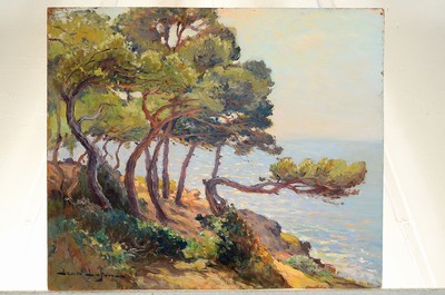 26777062k - Jean Lafon, 1886-1973, French painter, pine trees by the sea, oil/wood, signed lower left,verso stamp #"Atelier Jean Lafon#", 47x55 cm, unframed