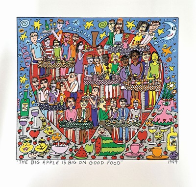 Image 26777226 - James Rizzi, 1950-2011, The Big Apple is big on good food, color screenprint from 1999
