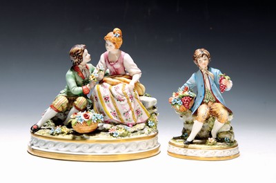 Image 26777472 - Two porcelain figurines, Capodimonte, Italy, 20th century, Fullin Mollica, porcelain, polychrome painted, gold decoration, gallant group of figures and nobleman with grapes (slightly damaged), H. 13/15 cm