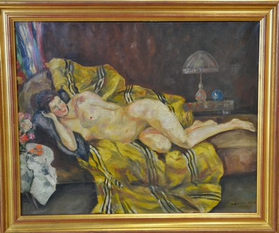 Image 26777482 - Unidentified artist of the early 20th century, signed Lorenz ... Munich, reclining female nude, oil/canvas, restored, lower left illegally signed, approx. 58x68cm, frame approx. 68x78cm