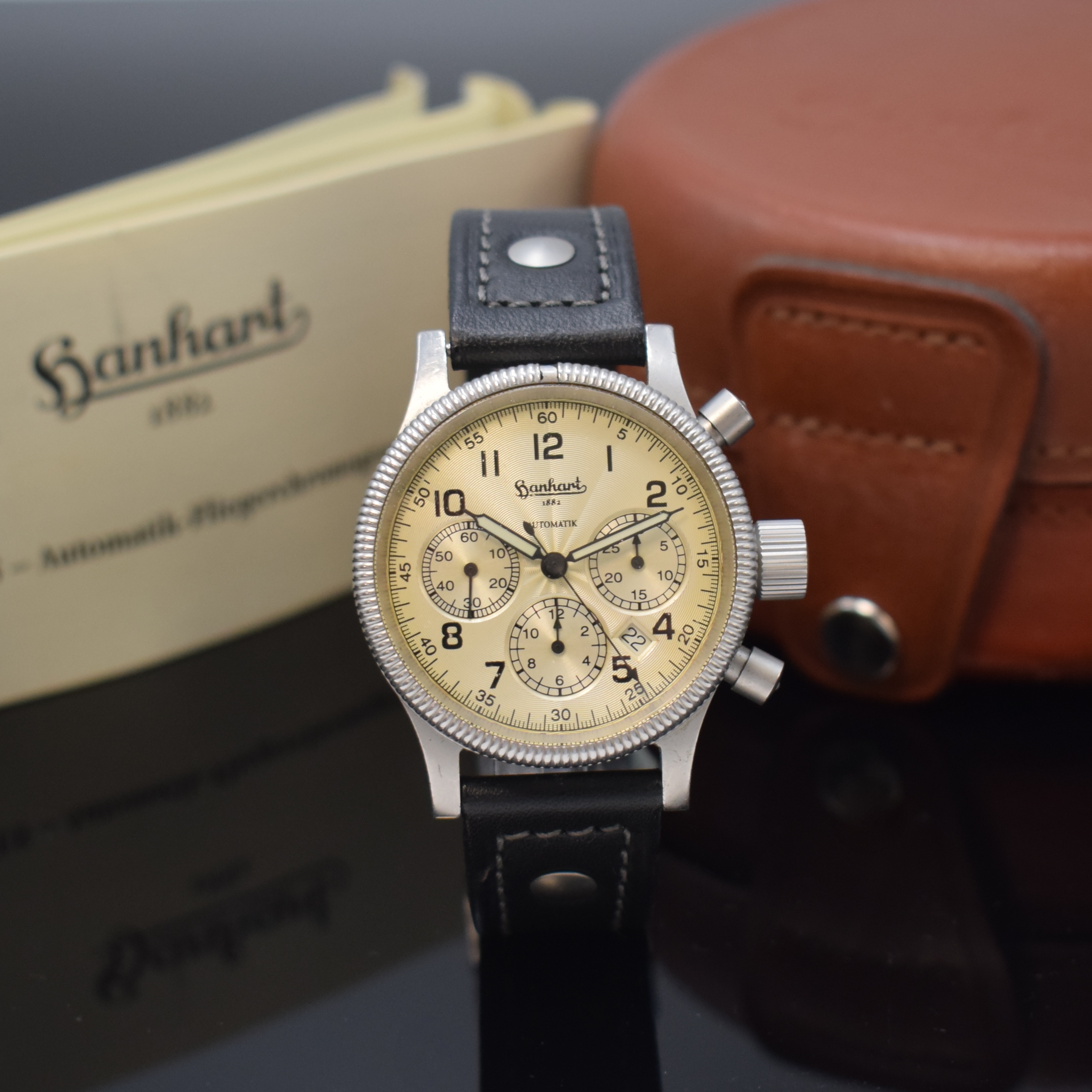 HANHART Armbandchronograph Modell Sirius Referenz 710, Automatik, Deutschland um 2001, Edelstahlgeh. inkl. orig. Lederband m. orig. Dornschl., zus. 2 ...