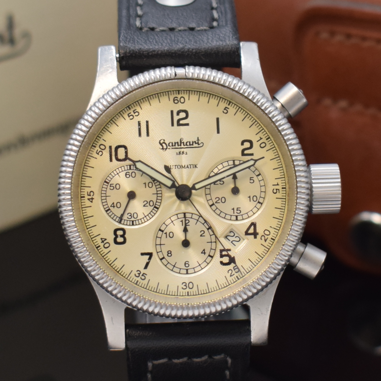 Detail a: HANHART Armbandchronograph Modell Sirius Referenz 710, Automatik, Deutschland um 2001, Edelstahlgeh. inkl. orig. Lederband m. orig. Dornschl., zus. 2 ...