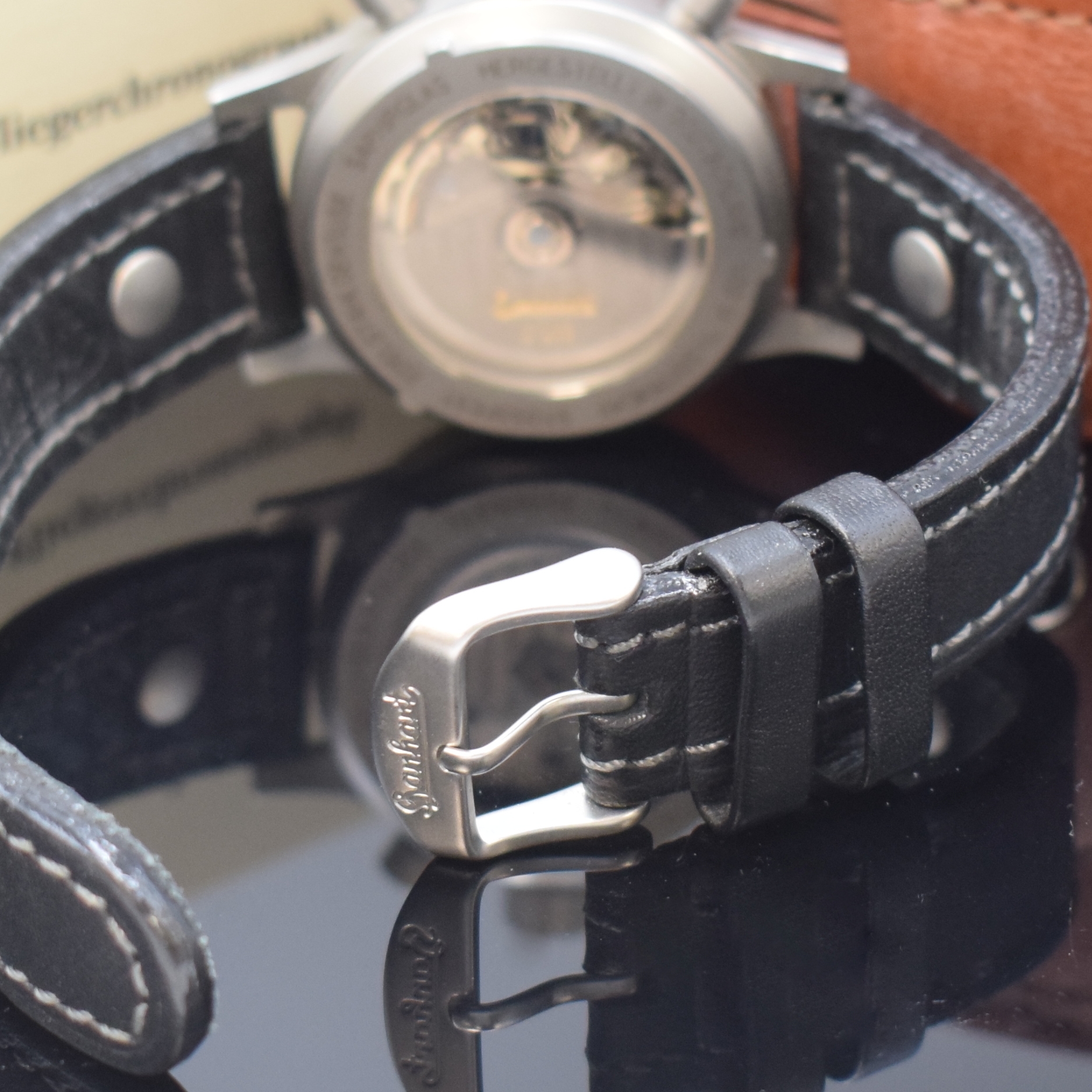 Detail b: HANHART Armbandchronograph Modell Sirius Referenz 710, Automatik, Deutschland um 2001, Edelstahlgeh. inkl. orig. Lederband m. orig. Dornschl., zus. 2 ...