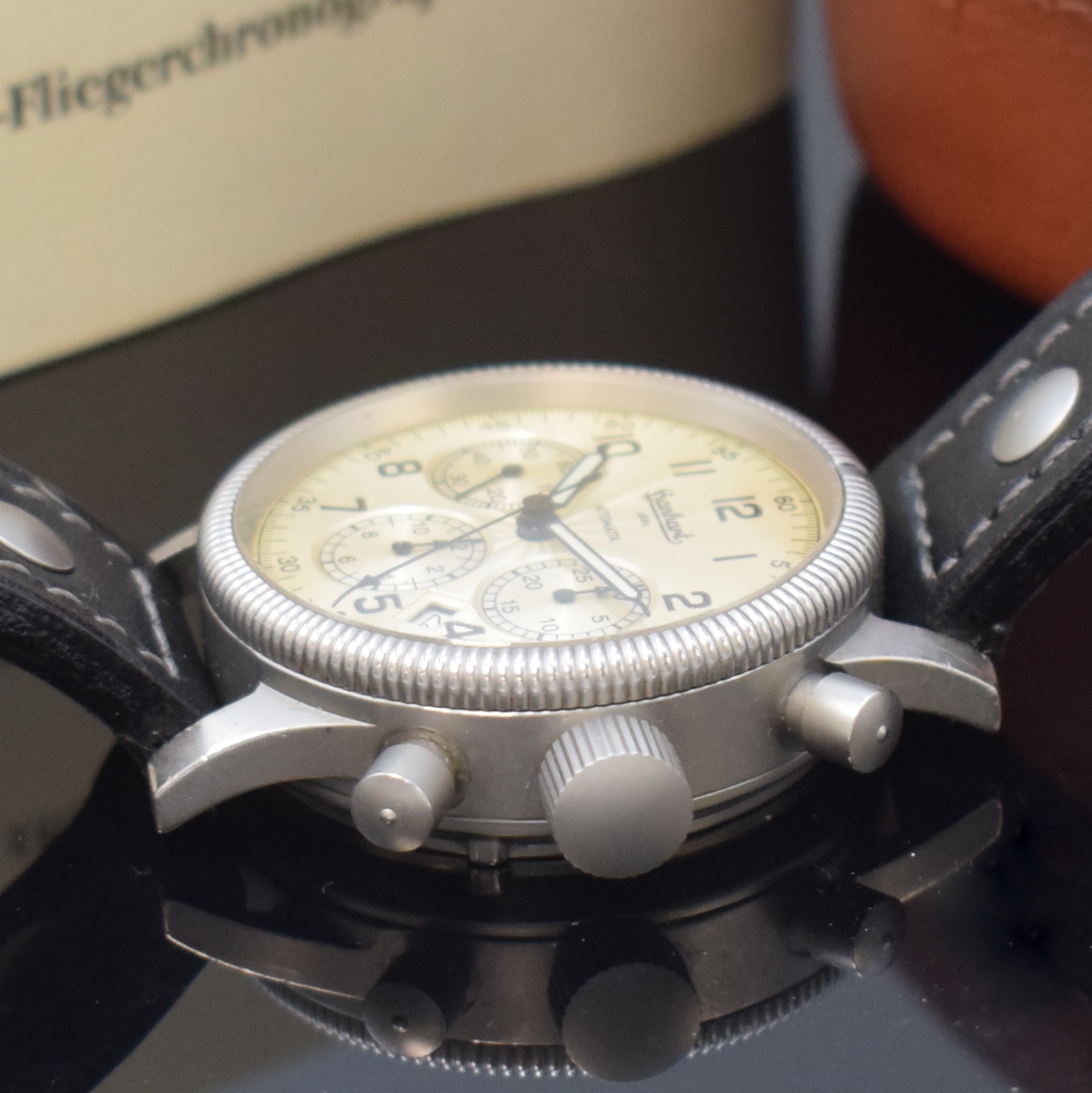 Detail c: HANHART Armbandchronograph Modell Sirius Referenz 710, Automatik, Deutschland um 2001, Edelstahlgeh. inkl. orig. Lederband m. orig. Dornschl., zus. 2 ...